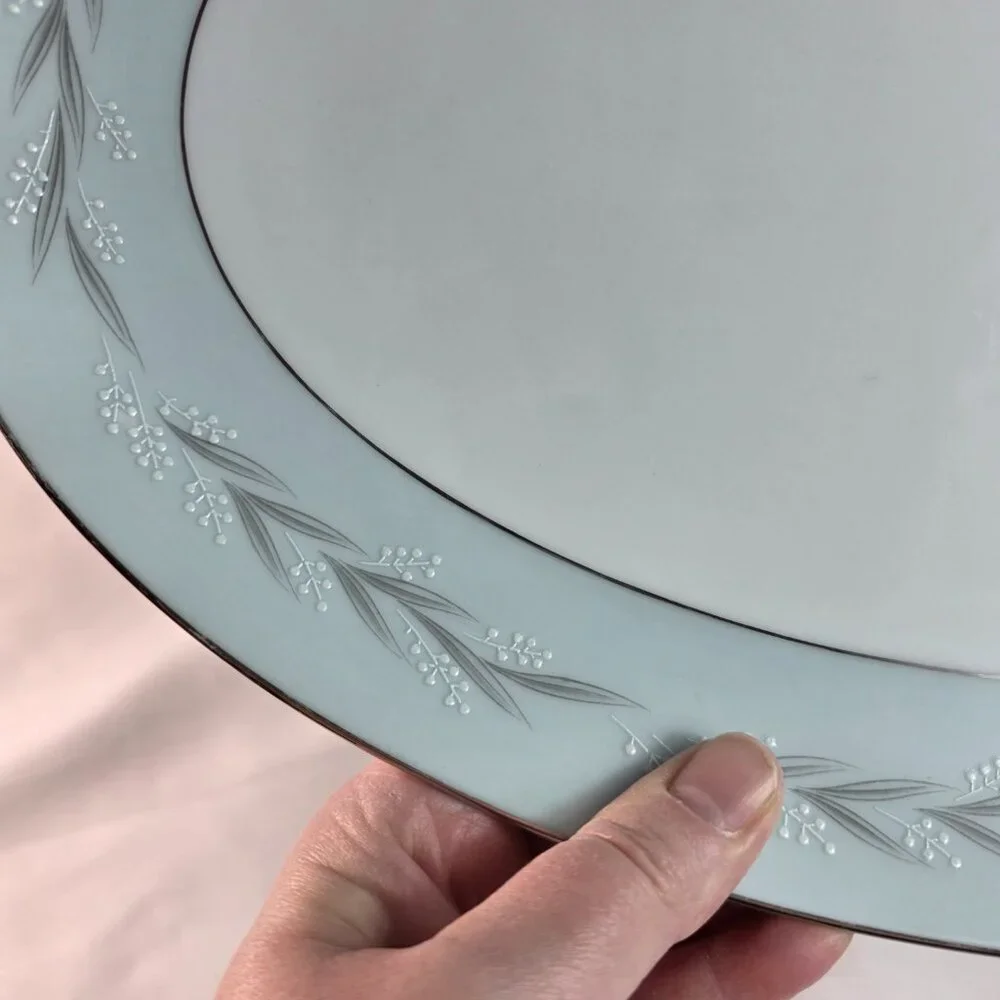 Noritake Sheldon Serving Platter 14 Inch White with Aqua Band and White Flowers